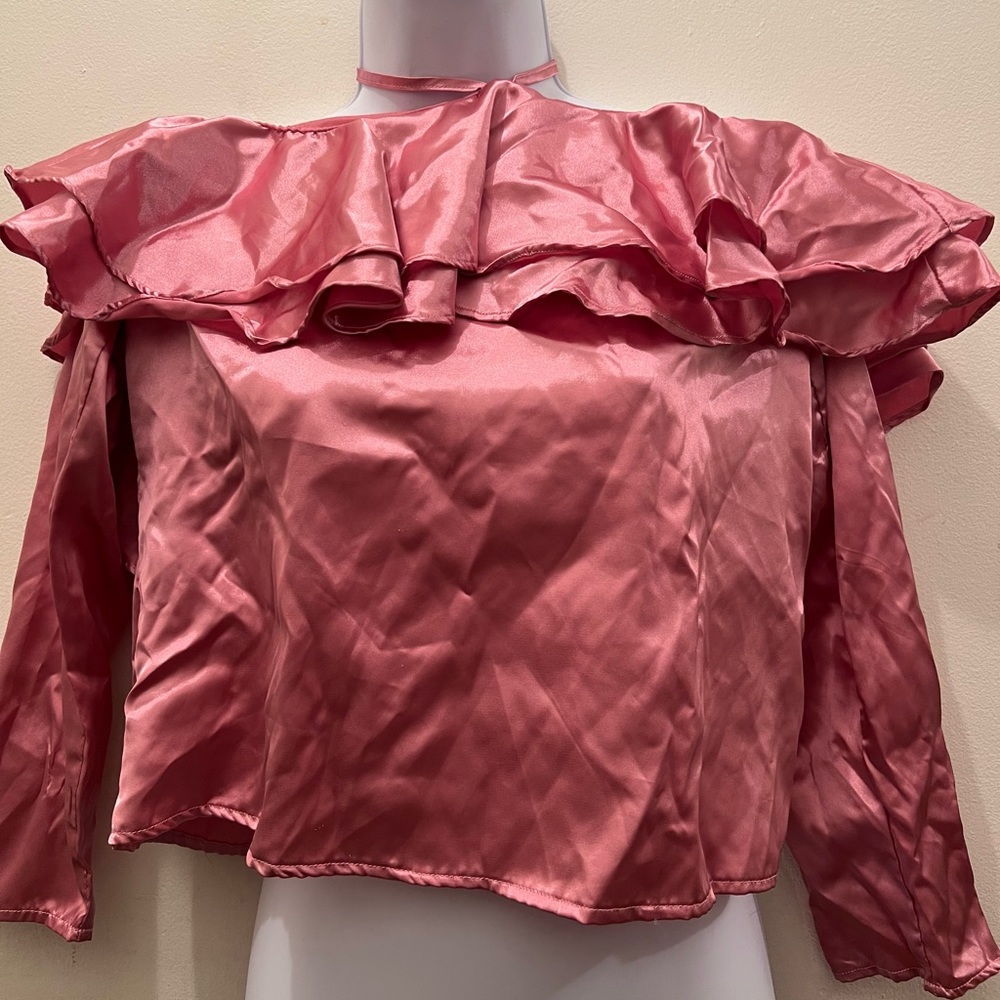 SHEIN Pink Off The Shoulder Ruffle Detail Satin Halter  BlouseW/Tie Around Neck.